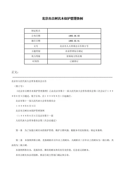 北京市古树名木保护管理条例-北京市人大常委会公告第2号