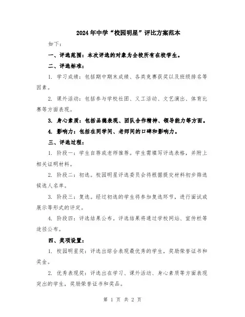 2024年中学“校园明星”评比方案范本