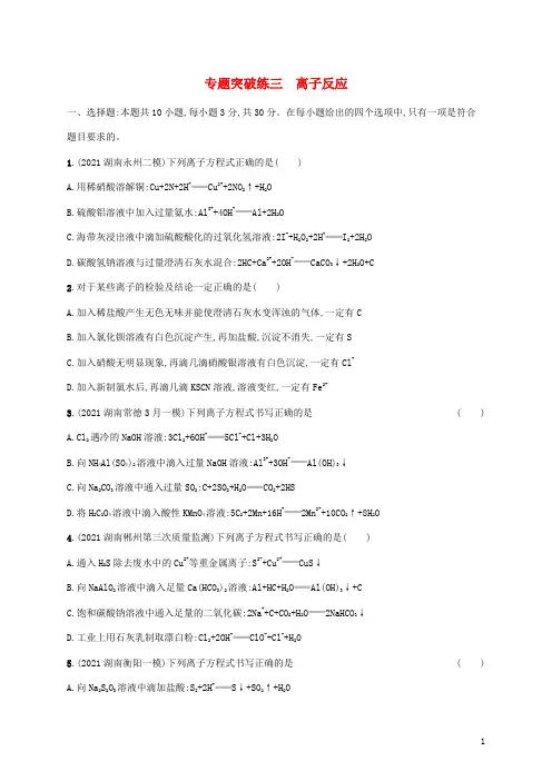 高考化学二轮复习专题突破练三离子反应含解析