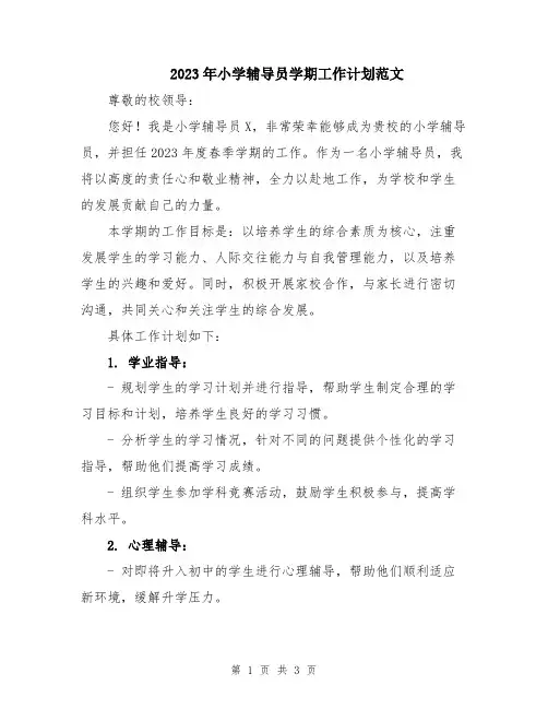 2023年小学辅导员学期工作计划范文