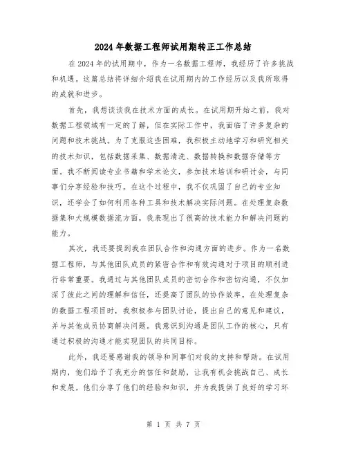 2024年数据工程师试用期转正工作总结(2篇)