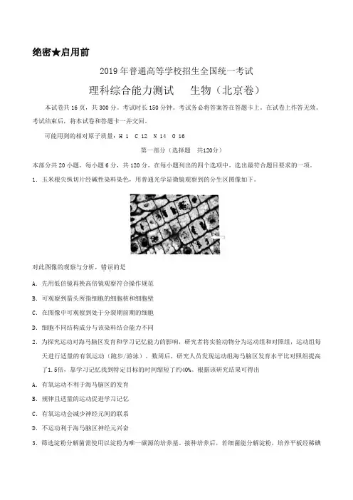 2019年北京卷理科综合生物高考试题文档版(含答案)