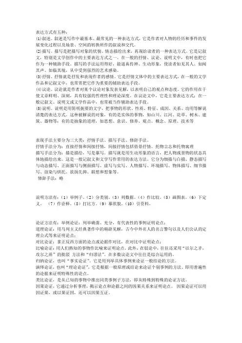 高中语文中的表现手法、表达方式、修辞手法