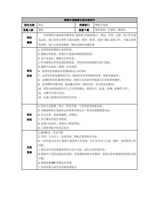 物资计划部部长岗位说明书