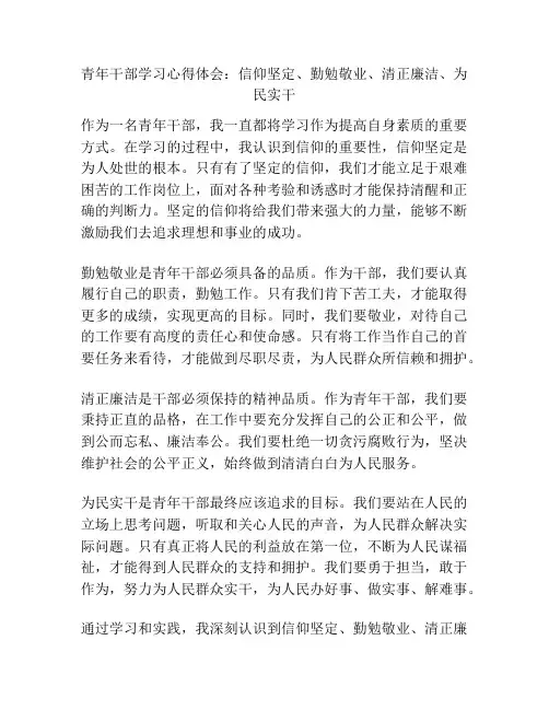 青年干部学习心得体会：信仰坚定、勤勉敬业、清正廉洁、为民实干