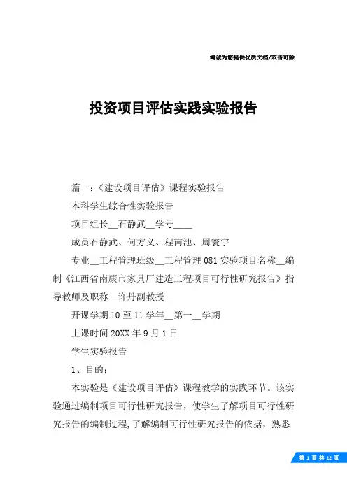 投资项目评估实践实验报告