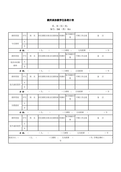 教师承担教学任务统计表