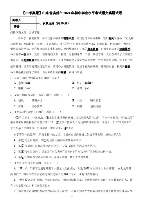【中考真题】山东省滨州市2024年初中学业水平考试语文真题试卷