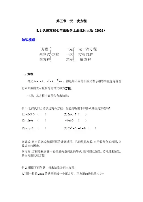 第五章5.1认识方程同步练习2024-2025学年北师大版(2024)七年级数学上册