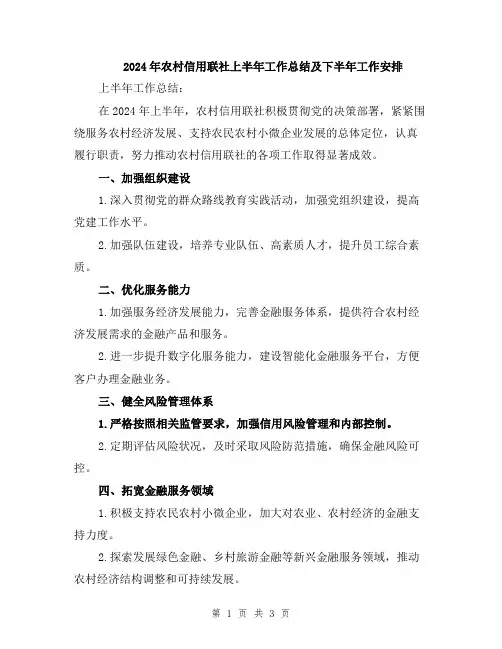 2024年农村信用联社上半年工作总结及下半年工作安排