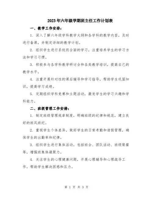 2023年六年级学期班主任工作计划表