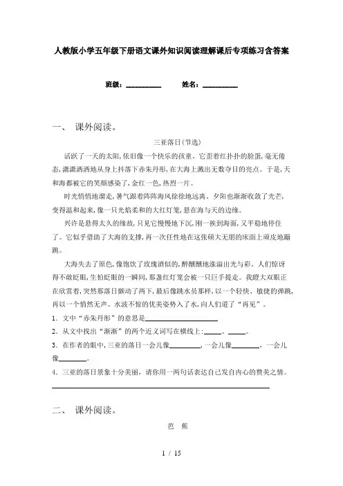 人教版小学五年级下册语文课外知识阅读理解课后专项练习含答案