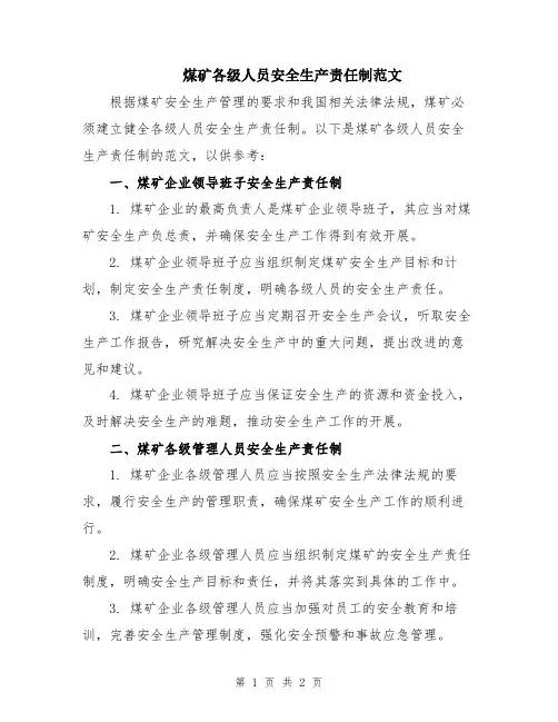 煤矿各级人员安全生产责任制范文