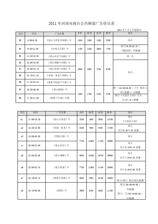河南电视台公共频道广告价目表