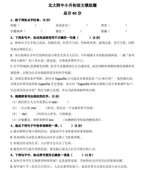 北大附中小升初语文模拟题含答案解析