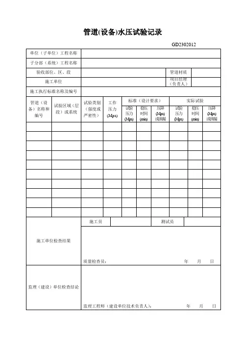 管道(设备)水压试验记录