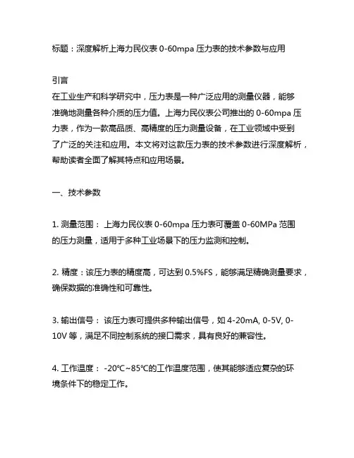 上海力民仪表0-60mpa压力表的说明书技术参数