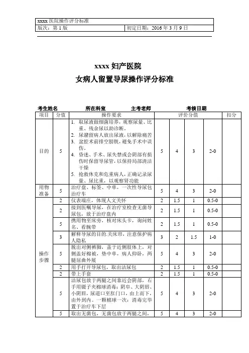 女病人留置导尿评分表