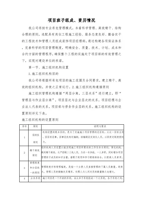 项目班子组成、资历情况
