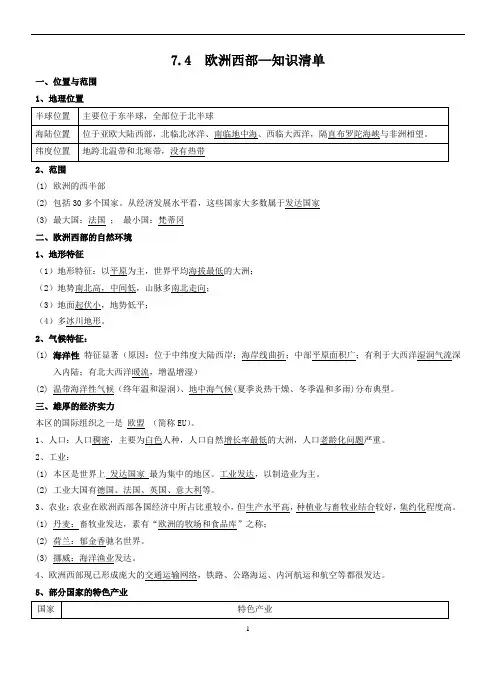 7.4+欧洲西部+知识清单-2023-2024学年七年级地理下学期湘教版