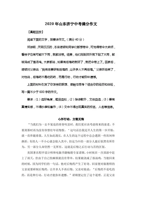 2020年山东济宁中考满分作文《心怀行动,方能无悔》