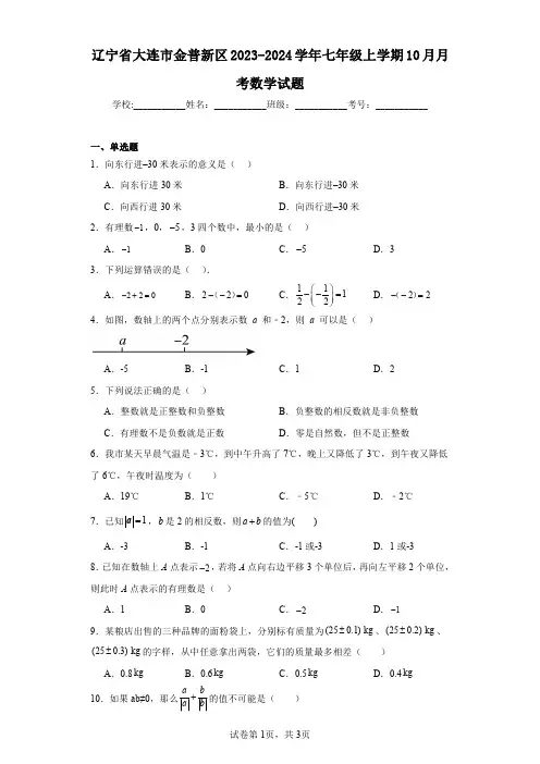 辽宁省大连市金普新区2023-2024学年七年级上学期10月月考数学试题