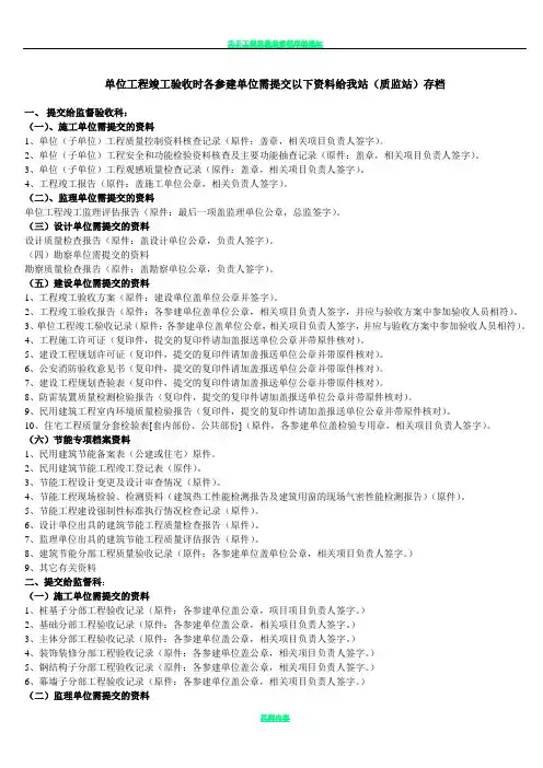 单位工程竣工验收时各参建单位需提交以下资料给我站存档