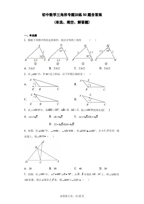 初中数学三角形专题训练50题-含答案