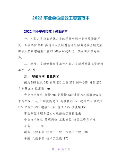2022事业单位绩效工资表范本