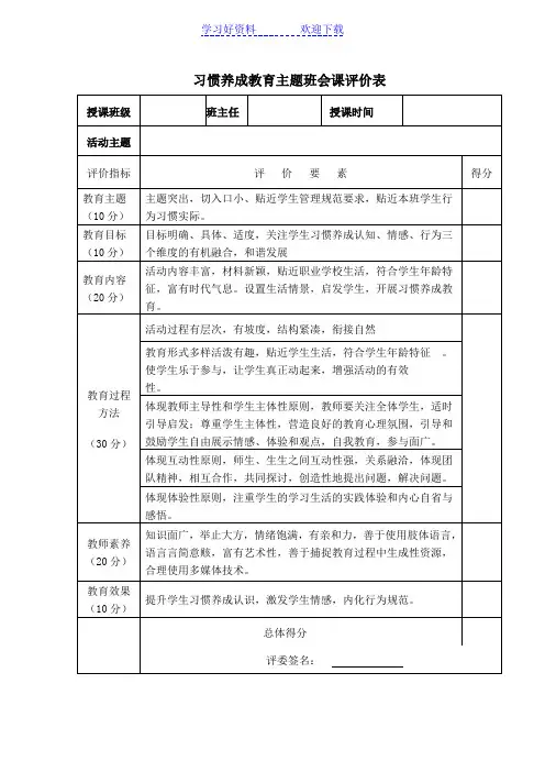 习惯养成教育主题班会课评价表