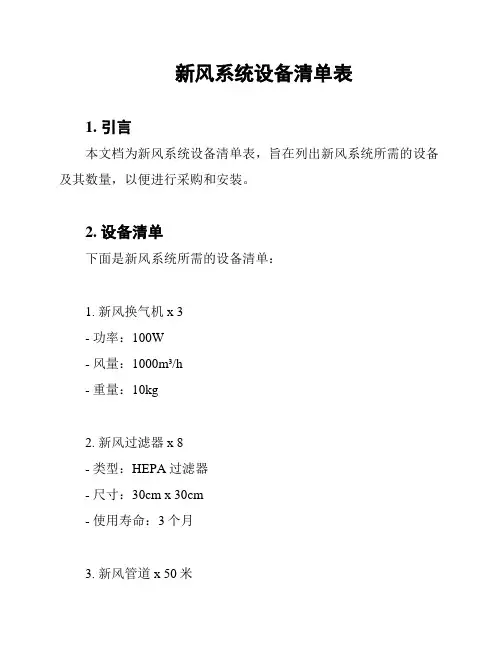 新风系统设备清单表
