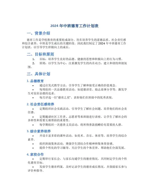 2024年中班德育工作计划表