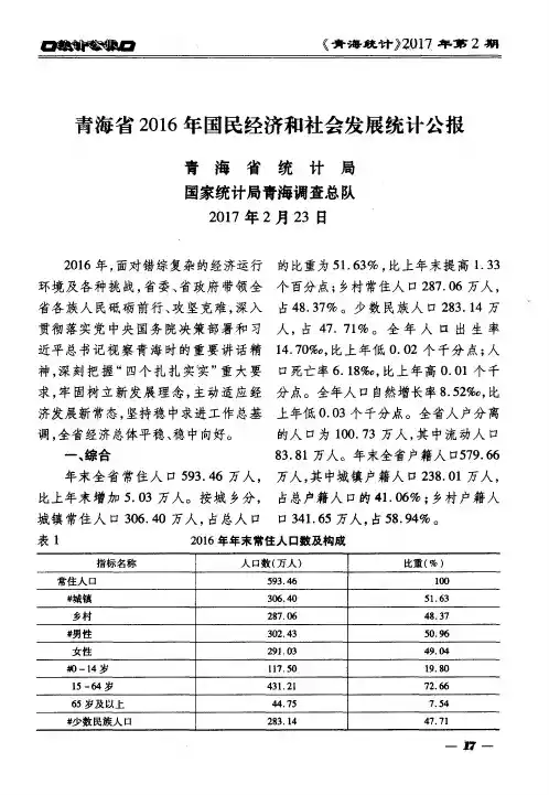 青海省2016年国民经济和社会发展统计公报