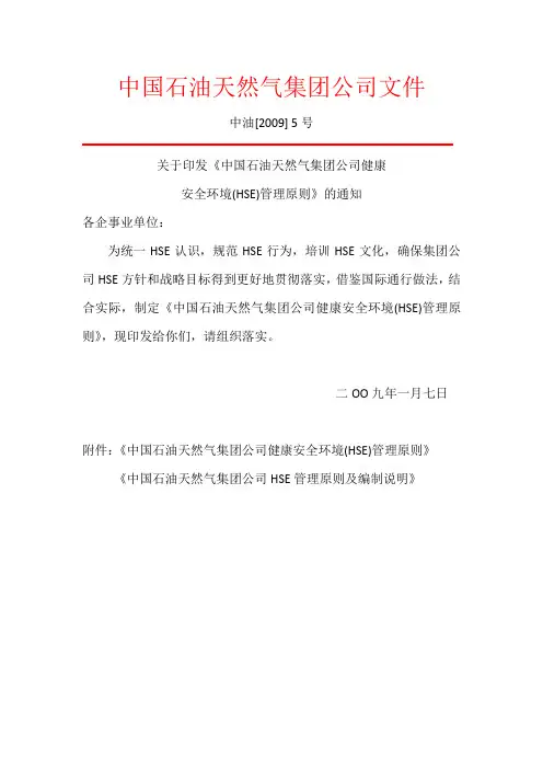 《中国石油天然气集团公司健康安全环境(HSE)管理原则》