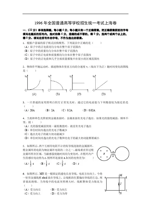 高中物理：1996年上海高考