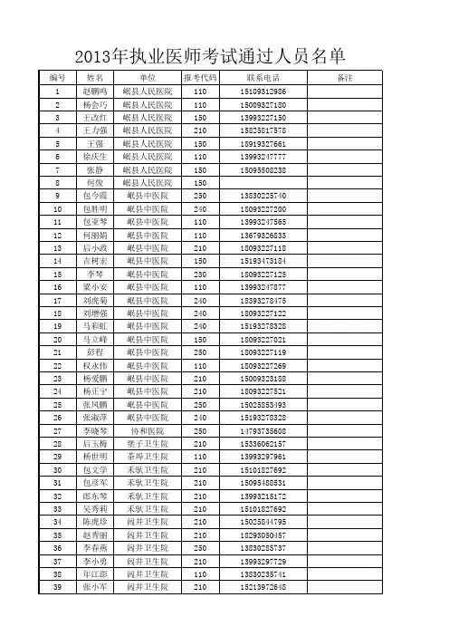 2013年度执业医师通过人员名单