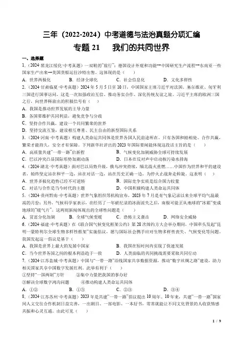 2025年中考道德与法治总复习3年中考真题分类汇编专题21  我们的共同世界(原卷版)