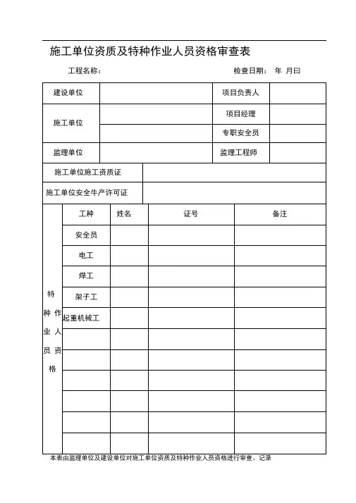 施工单位资质及特种作业人员资格审查表