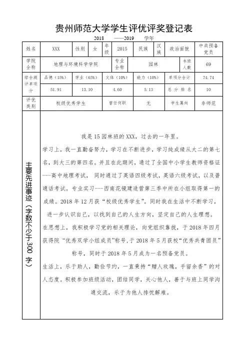 贵州师范大学学生评优评奖登记表2019