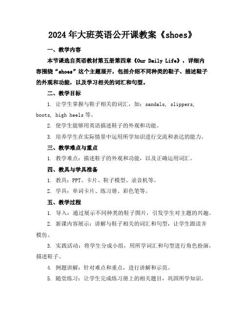 2024年大班英语公开课教案《shoes》