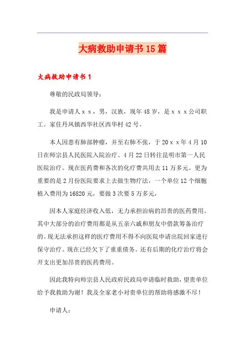大病救助申请书15篇