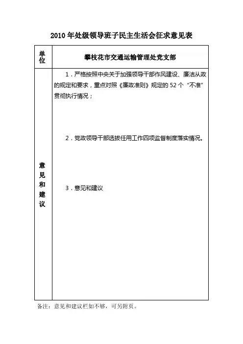 党员领导干部民主生活会征求意见表