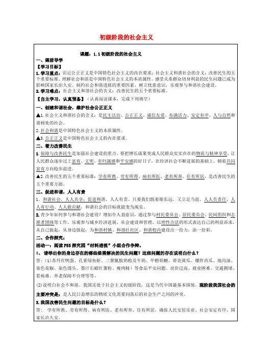 九年级政治全册 第一单元 认识国情 了解制度 1.1 初级阶段的社会主义学案（师） 粤教版