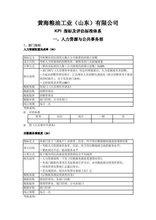 KPI指标及评估标准体系