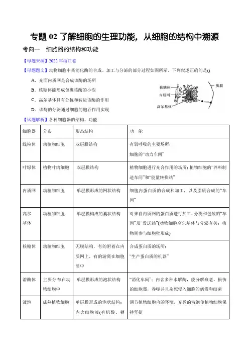 专题02了解细胞的生理功能,从细胞的结构中溯源-备战2023年高考生物母题题源解密