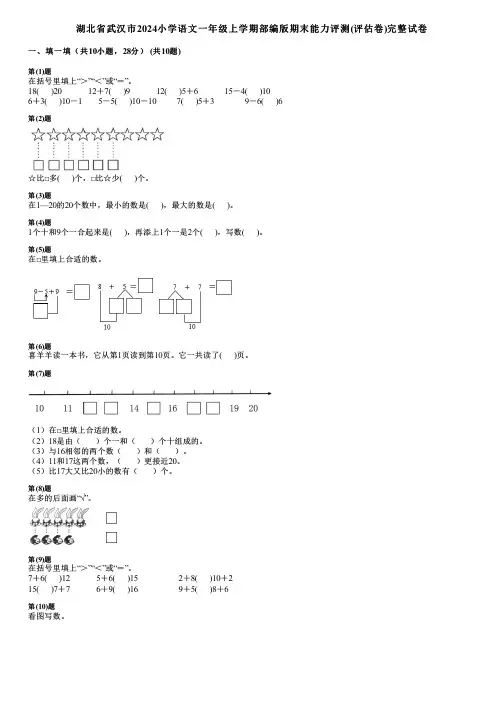 湖北省武汉市2024小学数学一年级上学期部编版期末能力评测(评估卷)完整试卷