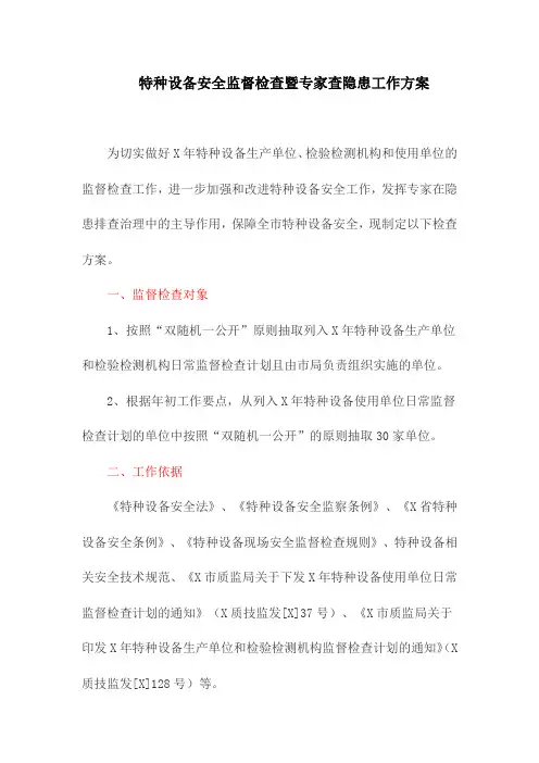 特种设备安全监督检查暨专家查隐患工作方案(最新)
