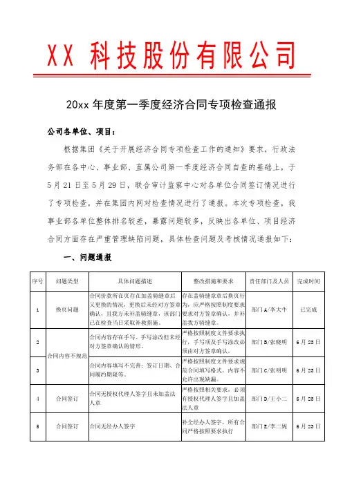 20xx年度第一季度经济合同专项检查通报1