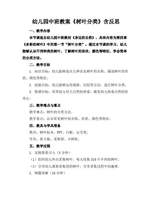 幼儿园中班教案《树叶分类》含反思