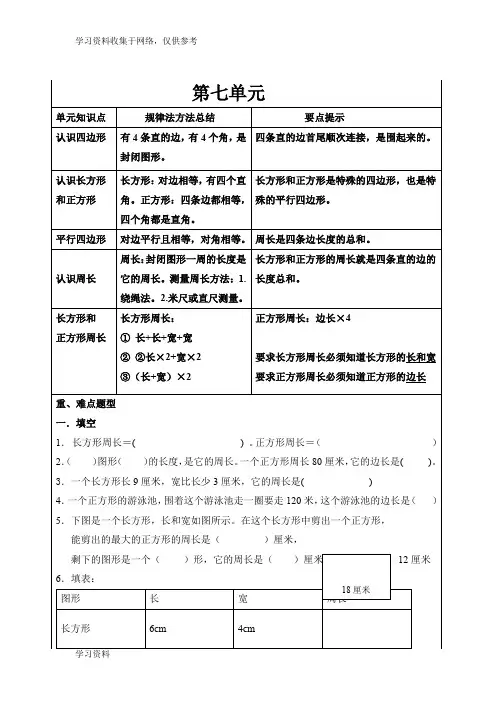 人教版小学数学三年级上册《长方形和正方形》知识点总结及题型设计